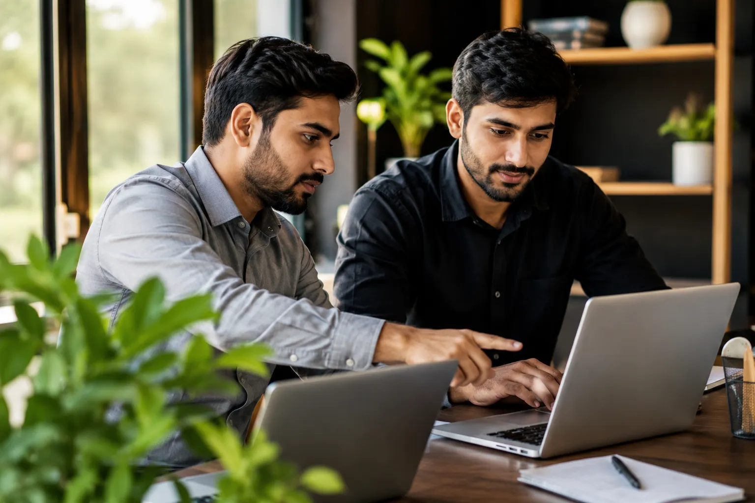 Two professional colleagues collaborating on laptops in a modern office