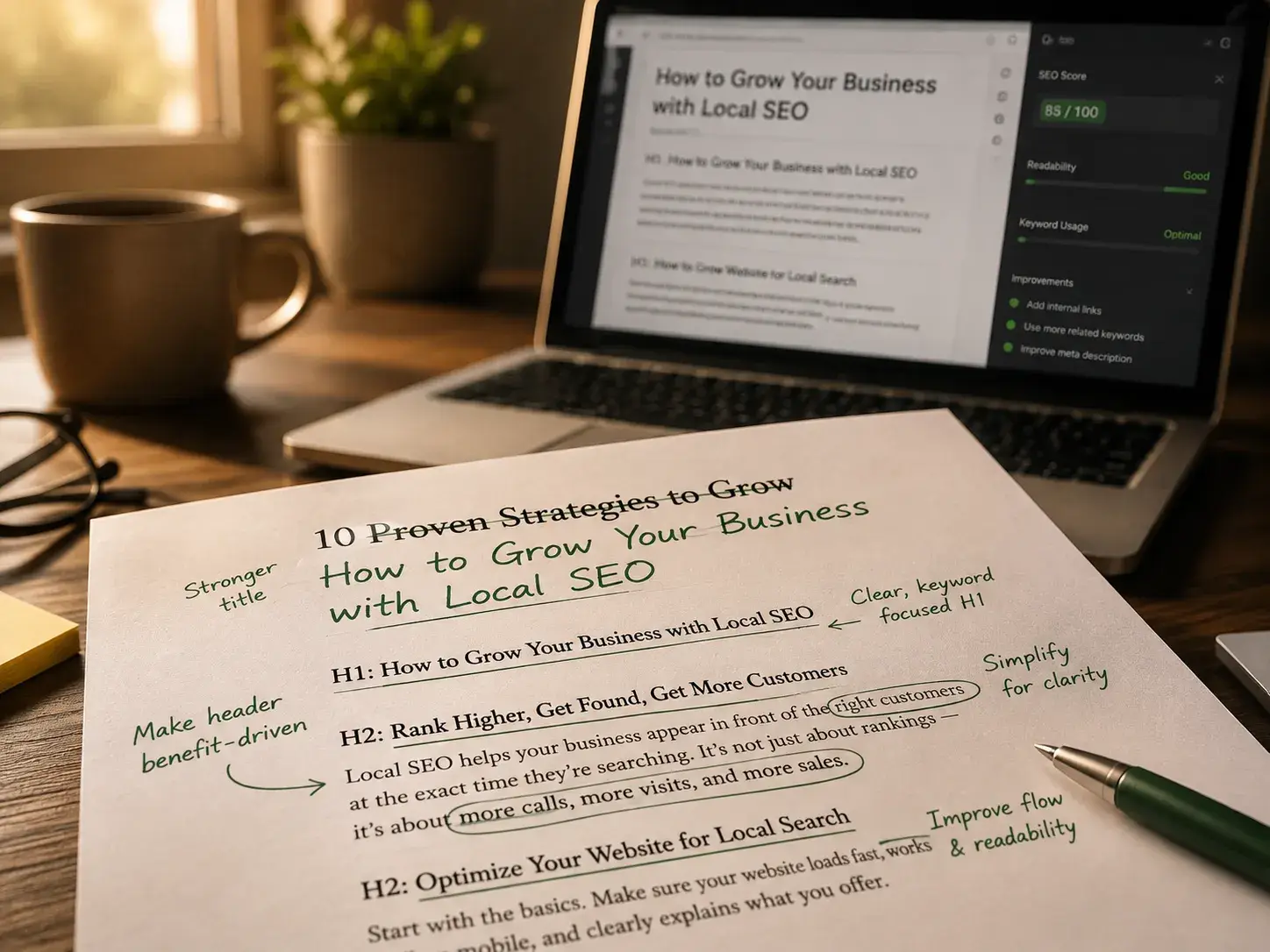 Writer drafting and optimizing website content